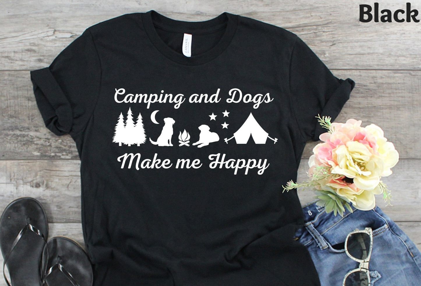Camping & Dogs Make Me Happy Shirt - Adventure Tee with Campfire & Starry Night Design
