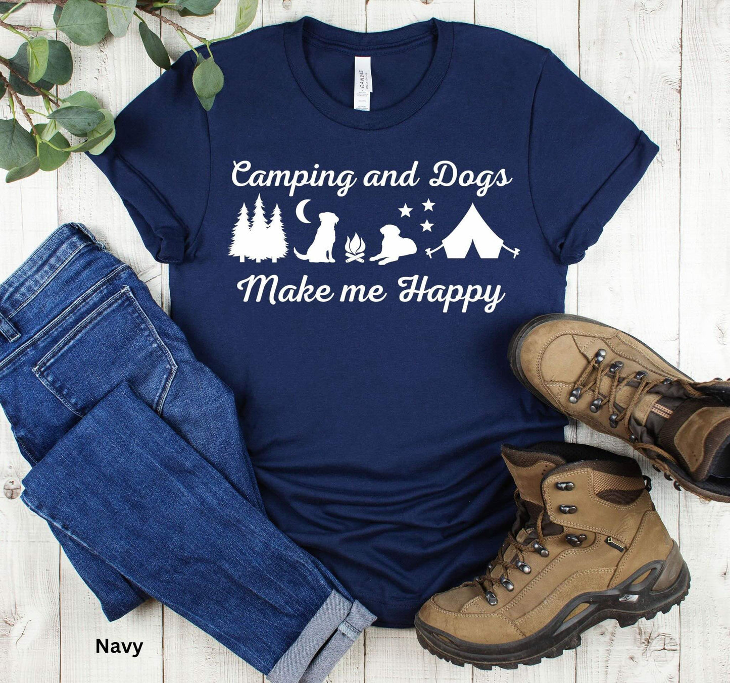 Camping & Dogs Make Me Happy Shirt - Adventure Tee with Campfire & Starry Night Design