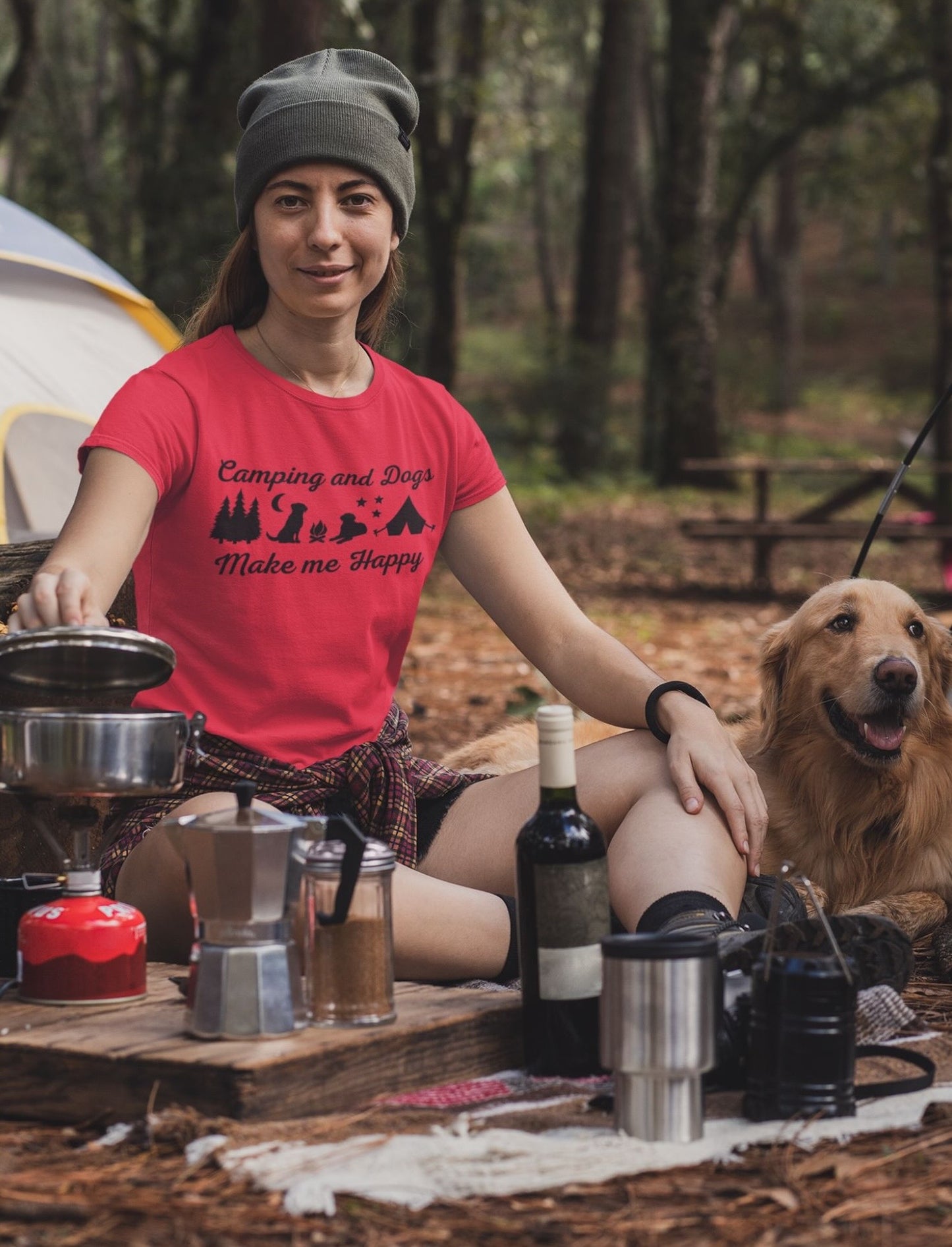 Camping & Dogs Make Me Happy Shirt - Adventure Tee with Campfire & Starry Night Design