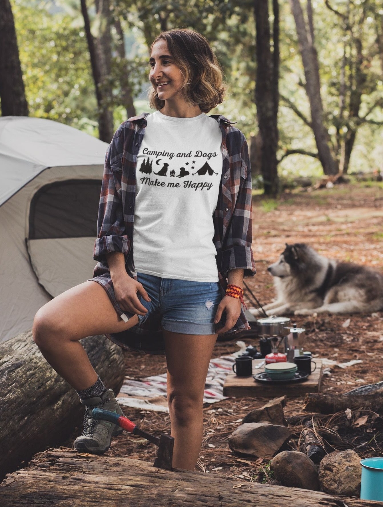 Camping & Dogs Make Me Happy Shirt - Adventure Tee with Campfire & Starry Night Design
