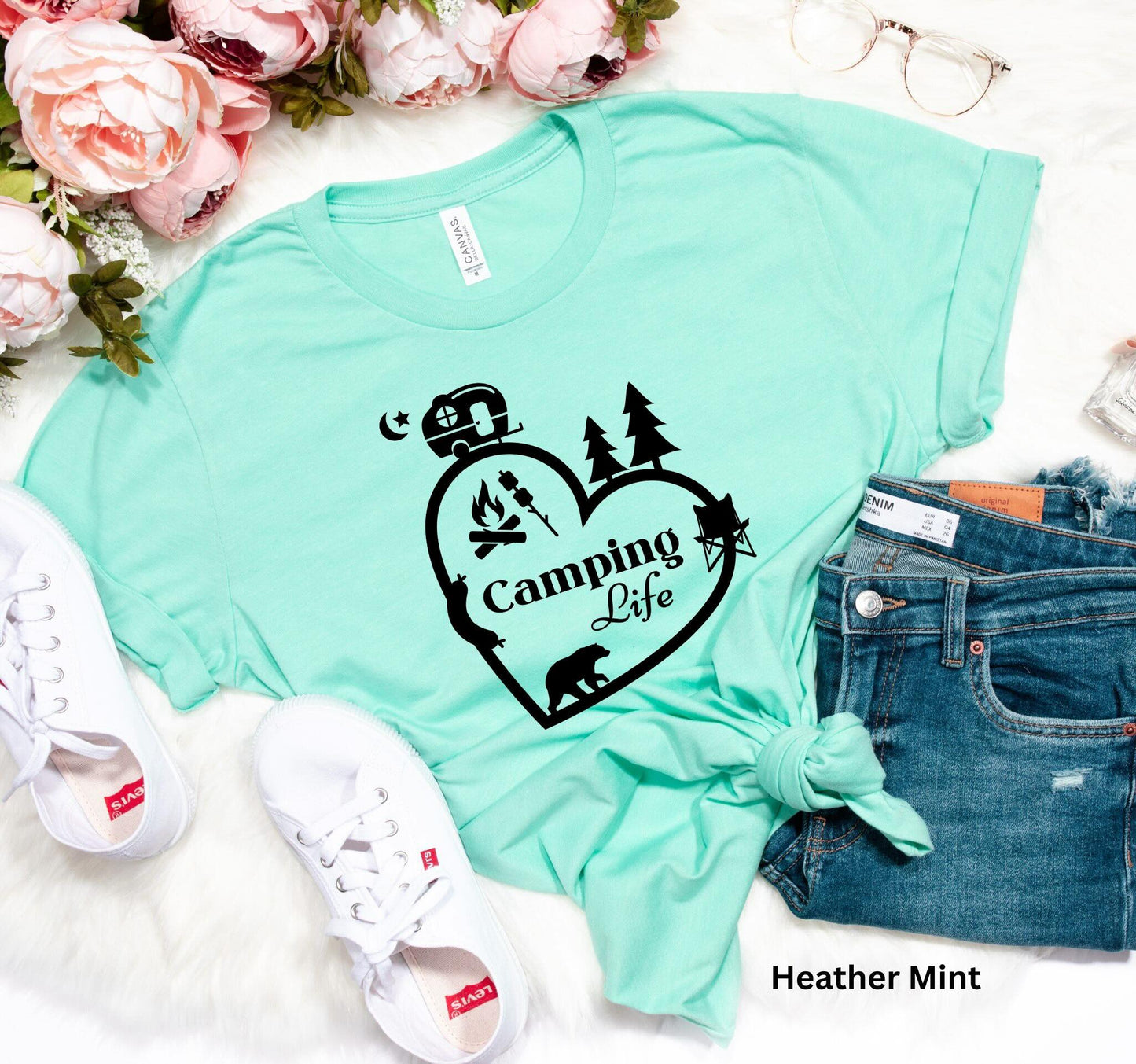 Camping Life Heart T-Shirt - Teardrop Travel Trailer & Campfire Adventure Tee
