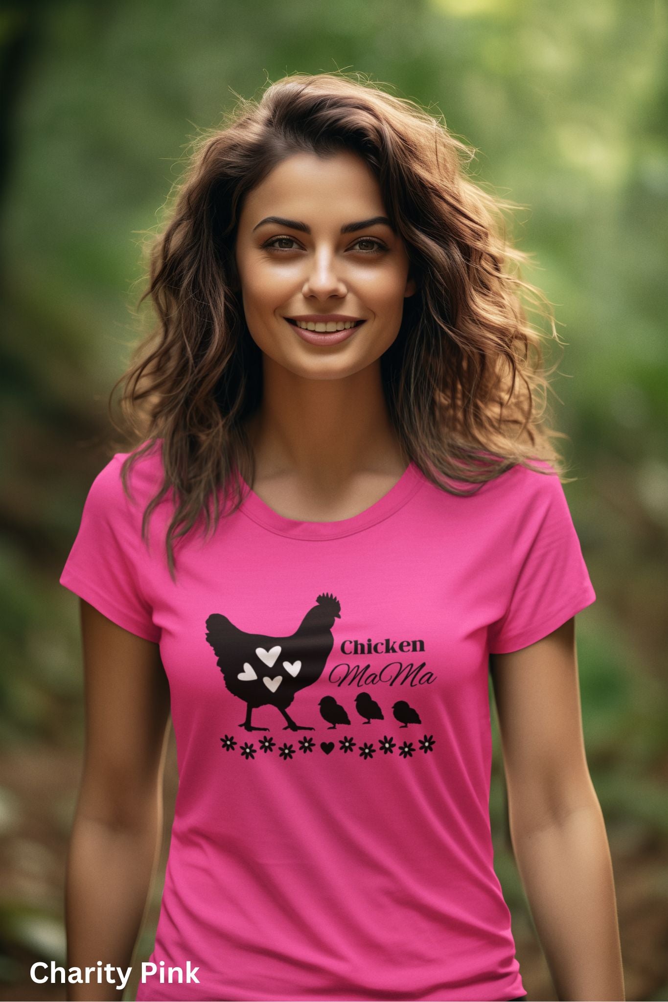 Pink Chicken Mama t-shirt featuring a hen with baby chicks and flowers, perfect for homesteaders, backyard chicken keepers, and farm life lovers.