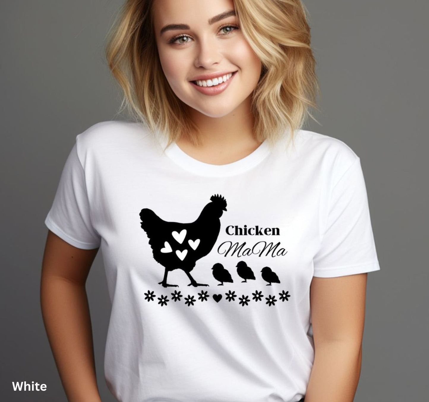 White Chicken Mama t-shirt featuring a hen with baby chicks and flowers, perfect for homesteaders, backyard chicken keepers, and farm life lovers.