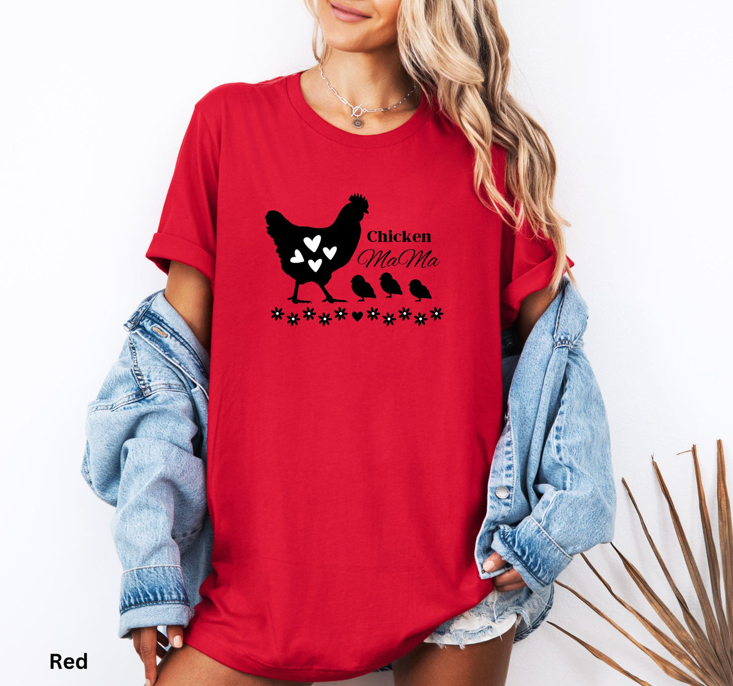 Red Chicken Mama t-shirt featuring a hen with baby chicks and flowers, perfect for homesteaders, backyard chicken keepers, and farm life lovers.
