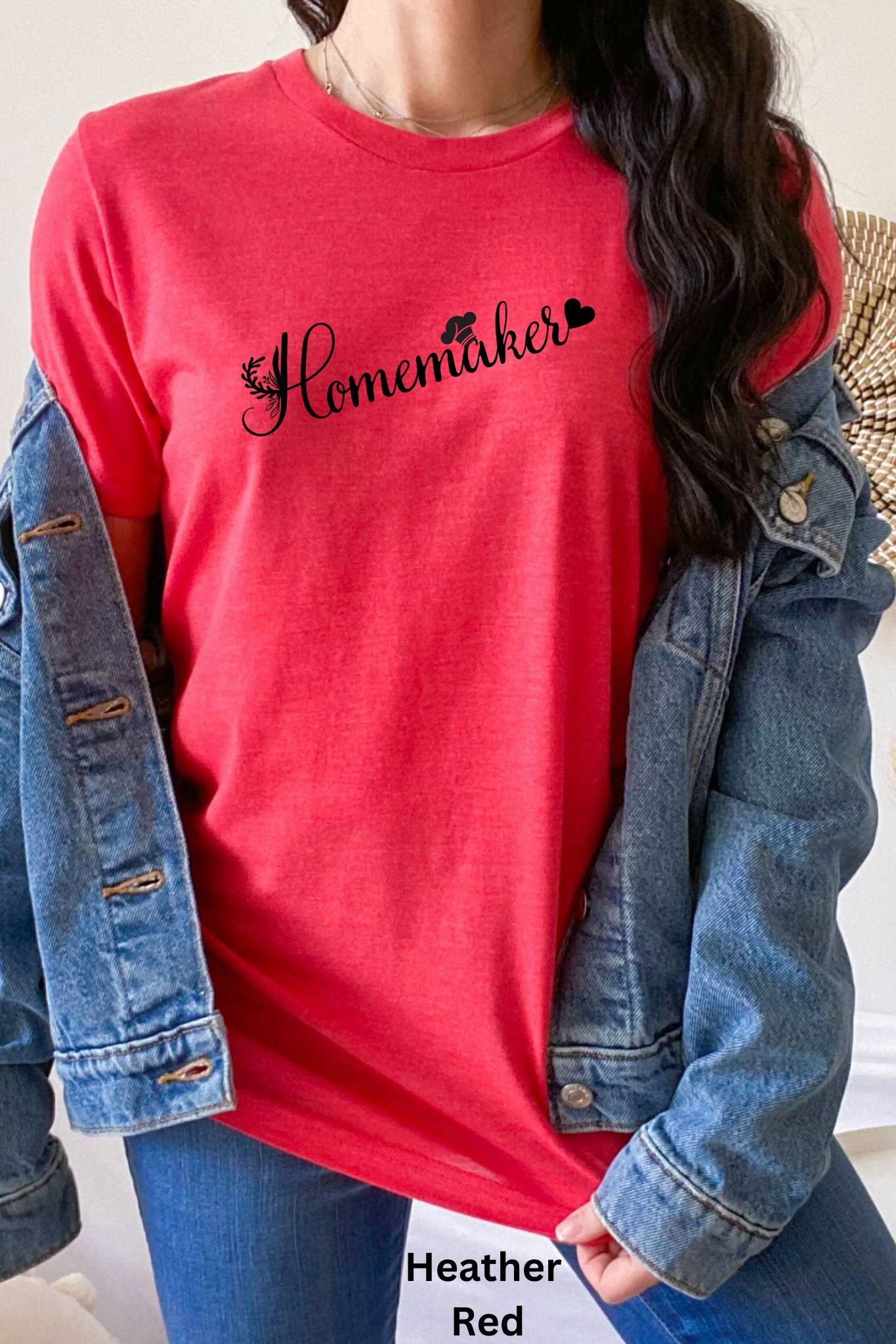 Red homemaker t-shirt with floral design, chef’s hat over the 'A,' and heart accent, perfect for homesteaders, homebakers, and simple living enthusiasts.