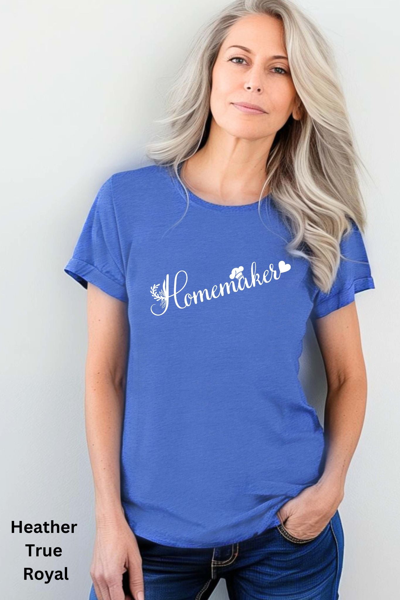 Royal blue homemaker t-shirt with floral design, chef’s hat over the 'A,' and heart accent, perfect for homesteaders, homebakers, and simple living enthusiasts.