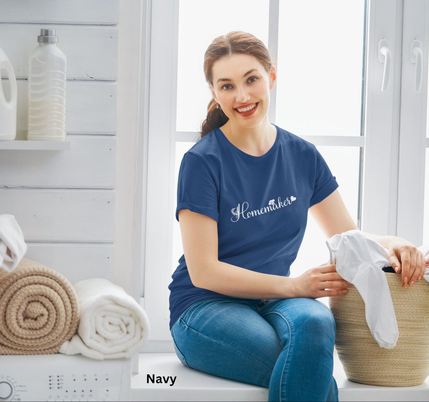 Navy homemaker t-shirt with floral design, chef’s hat over the 'A,' and heart accent, perfect for homesteaders, homebakers, and simple living enthusiasts.