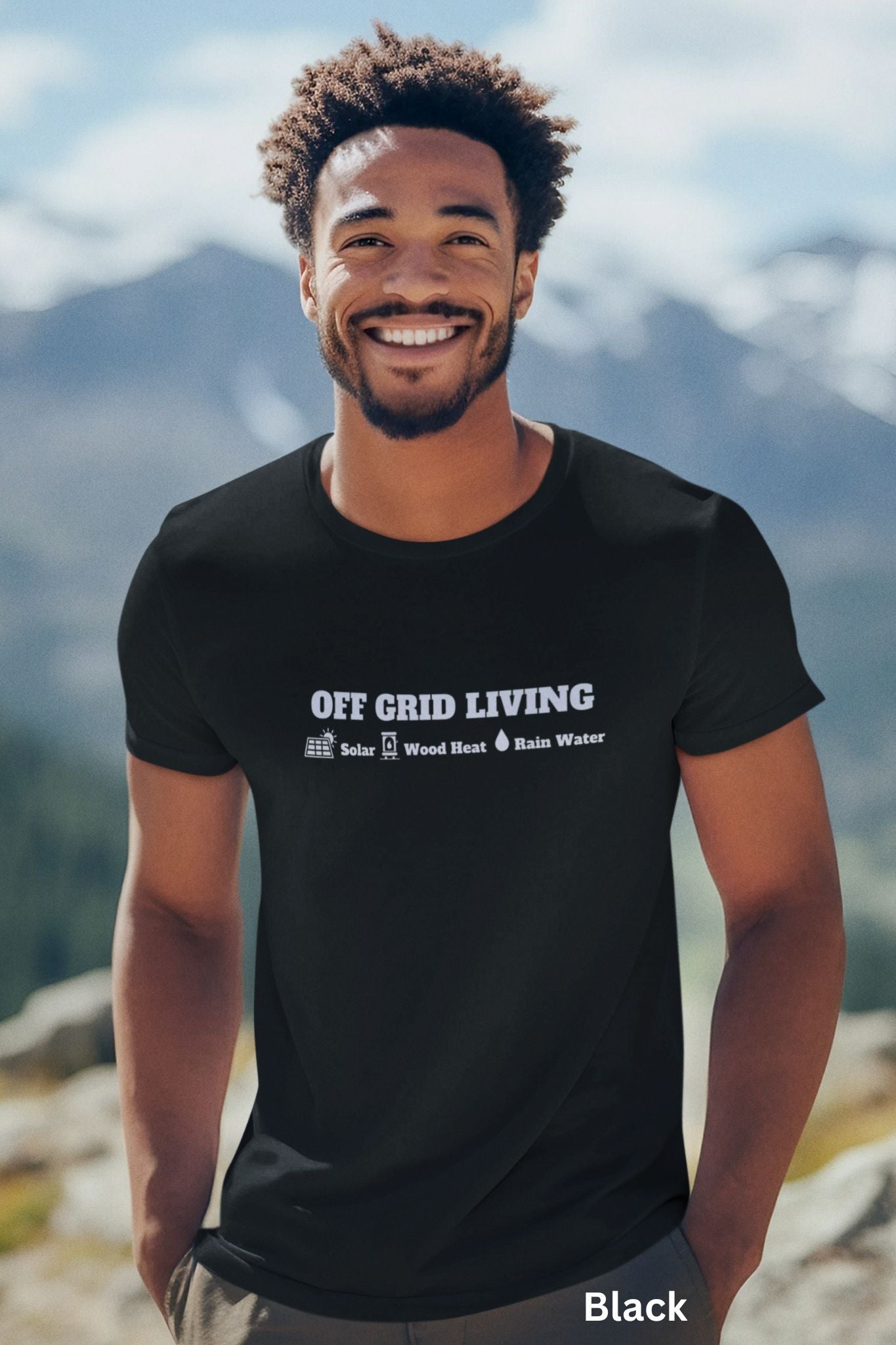 Black Off Grid Living t-shirt featuring the words 'Off Grid Living' with icons representing solar power, wood heat, and rainwater—perfect for self-sufficiency and sustainable living.