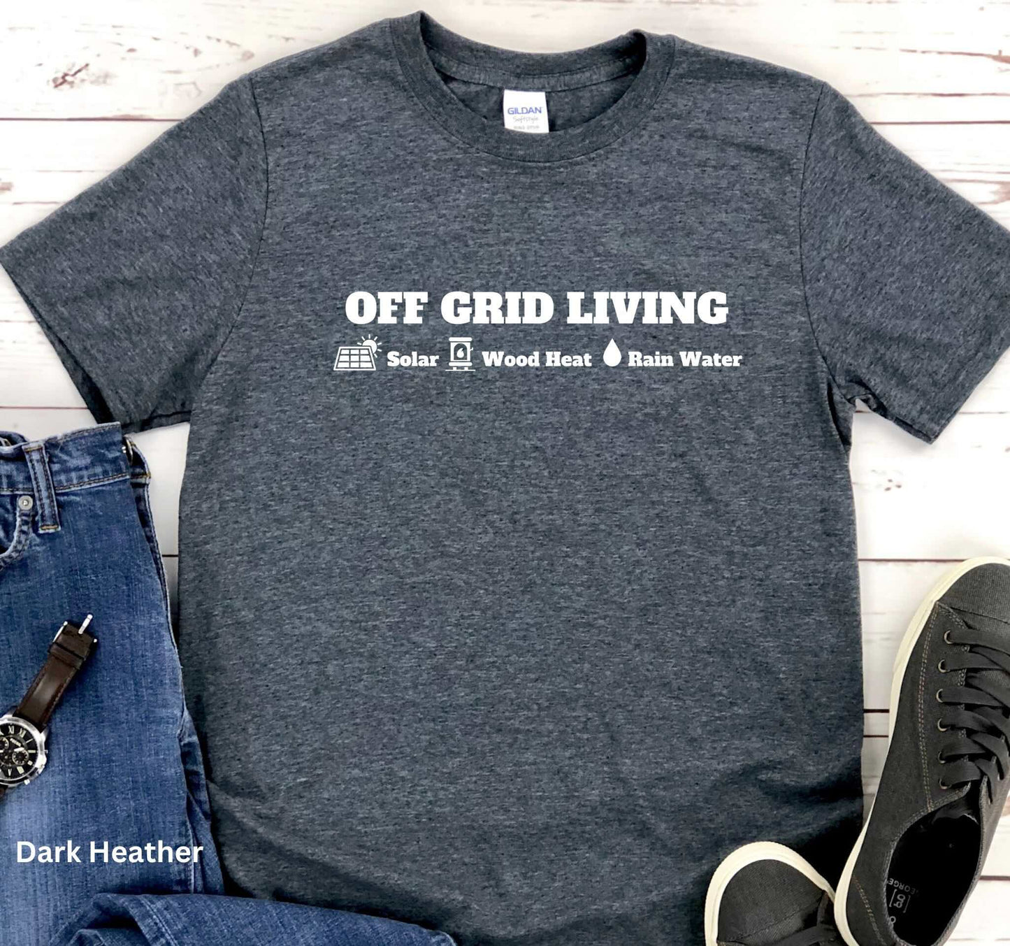 Off Grid Living t-shirt in Dark Grey featuring the words 'Off Grid Living' with icons representing solar power, wood heat, and rainwater—perfect for self-sufficiency and sustainable living.