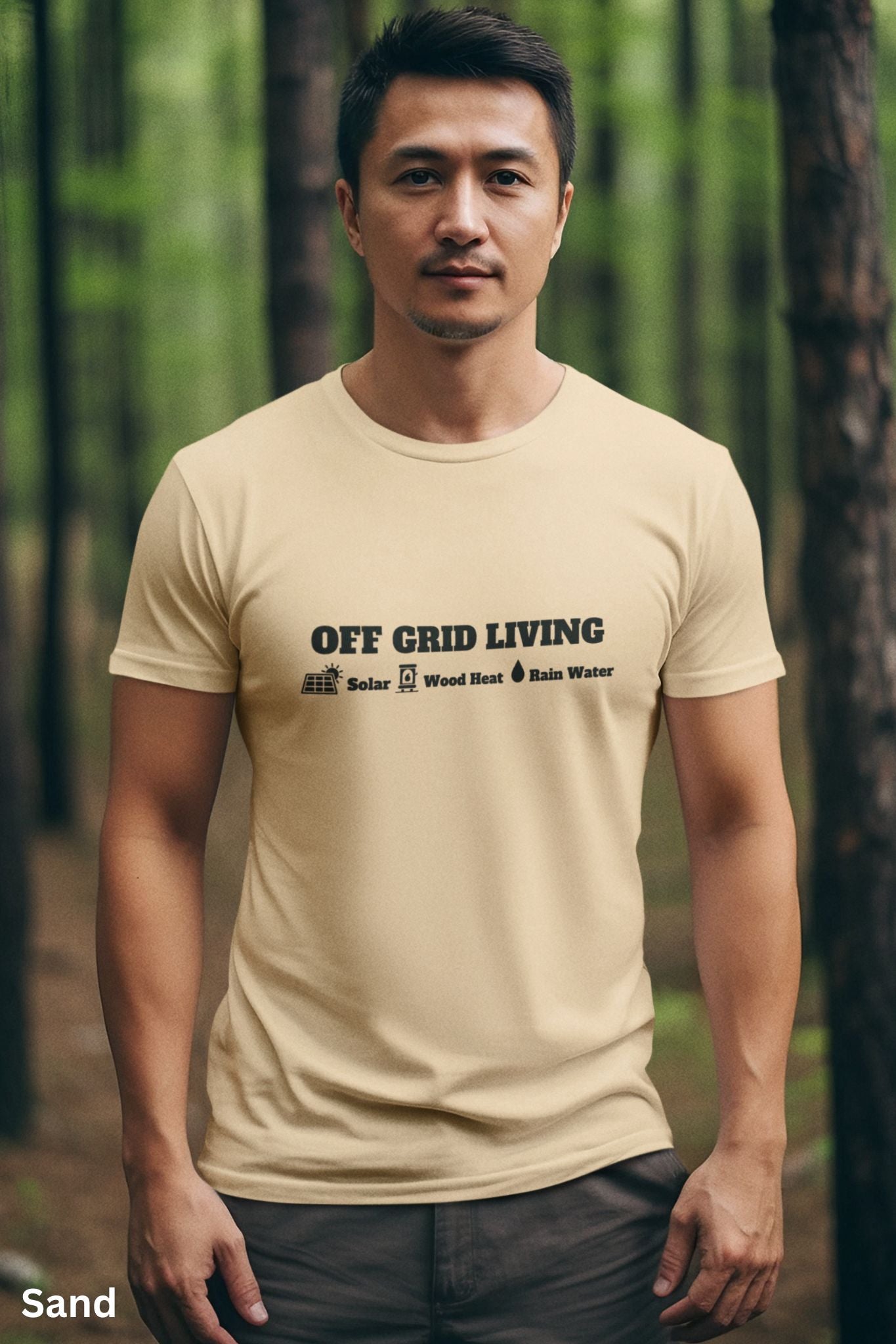 Off Grid Living t-shirt in a Sand color featuring the words 'Off Grid Living' with icons representing solar power, wood heat, and rainwater—perfect for self-sufficiency and sustainable living.
