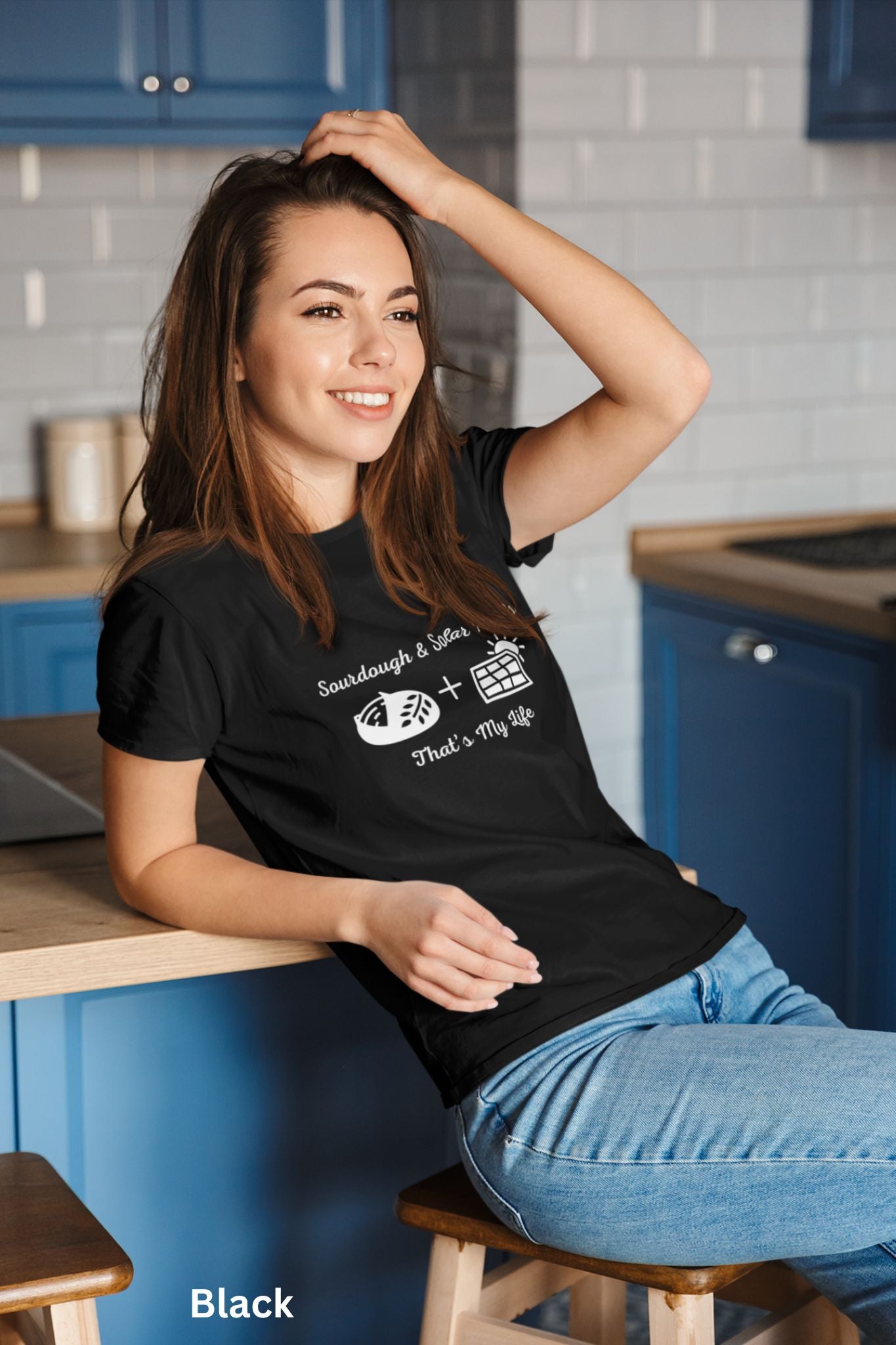 Black T-shirt with the phrase 'Sourdough & Solar Panels, That’s My Life,' featuring a loaf of sourdough bread, a solar panel, and the sun—perfect for off-grid living.