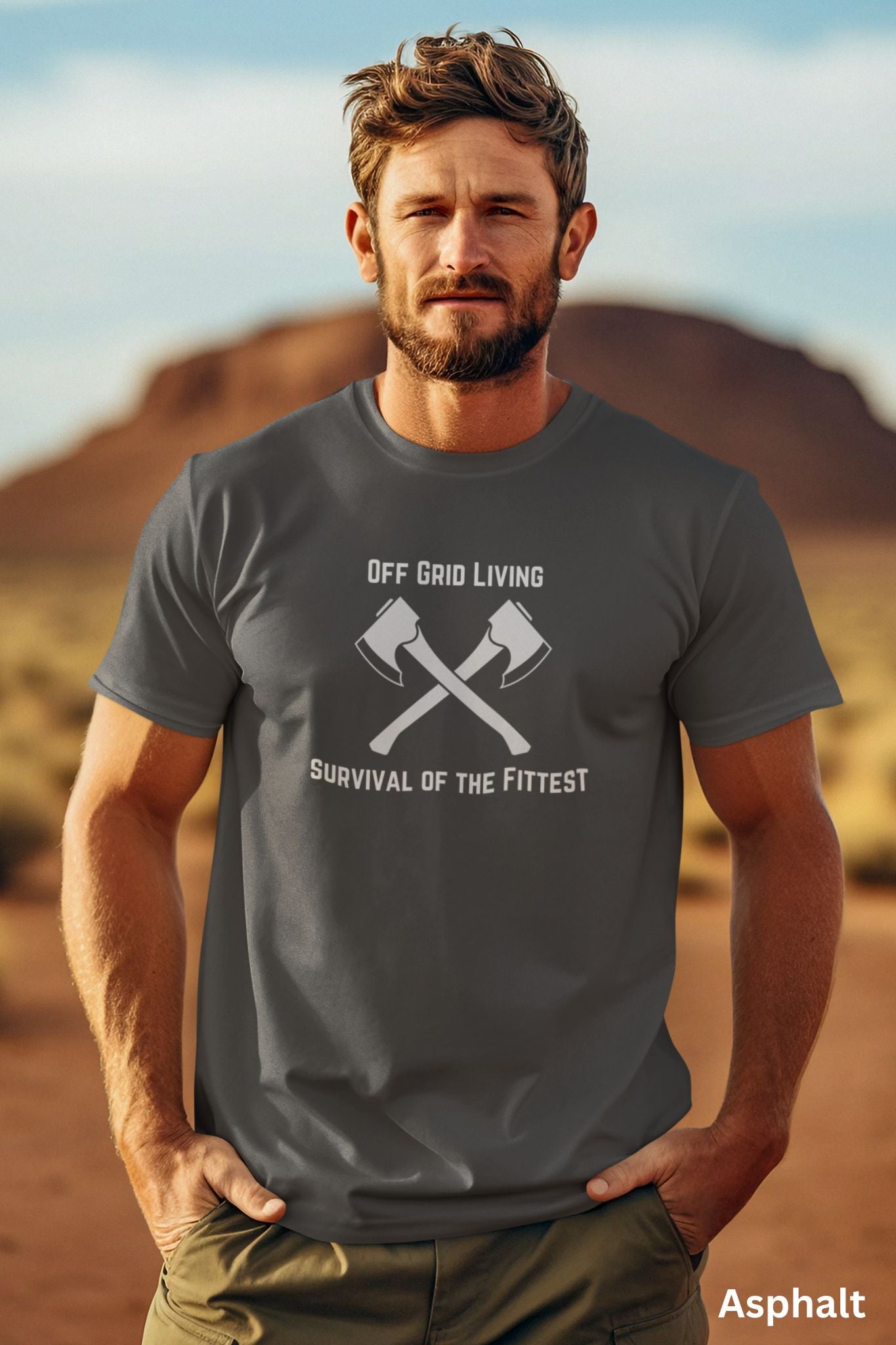 Off Grid Living t-shirt in asphalt color with 'Survival of the Fittest' text and crossed axes design, survivalist and bushcraft graphic tee