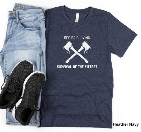 Off Grid Living t-shirt in navy with 'Survival of the Fittest' text and crossed axes design, survivalist and bushcraft graphic tee