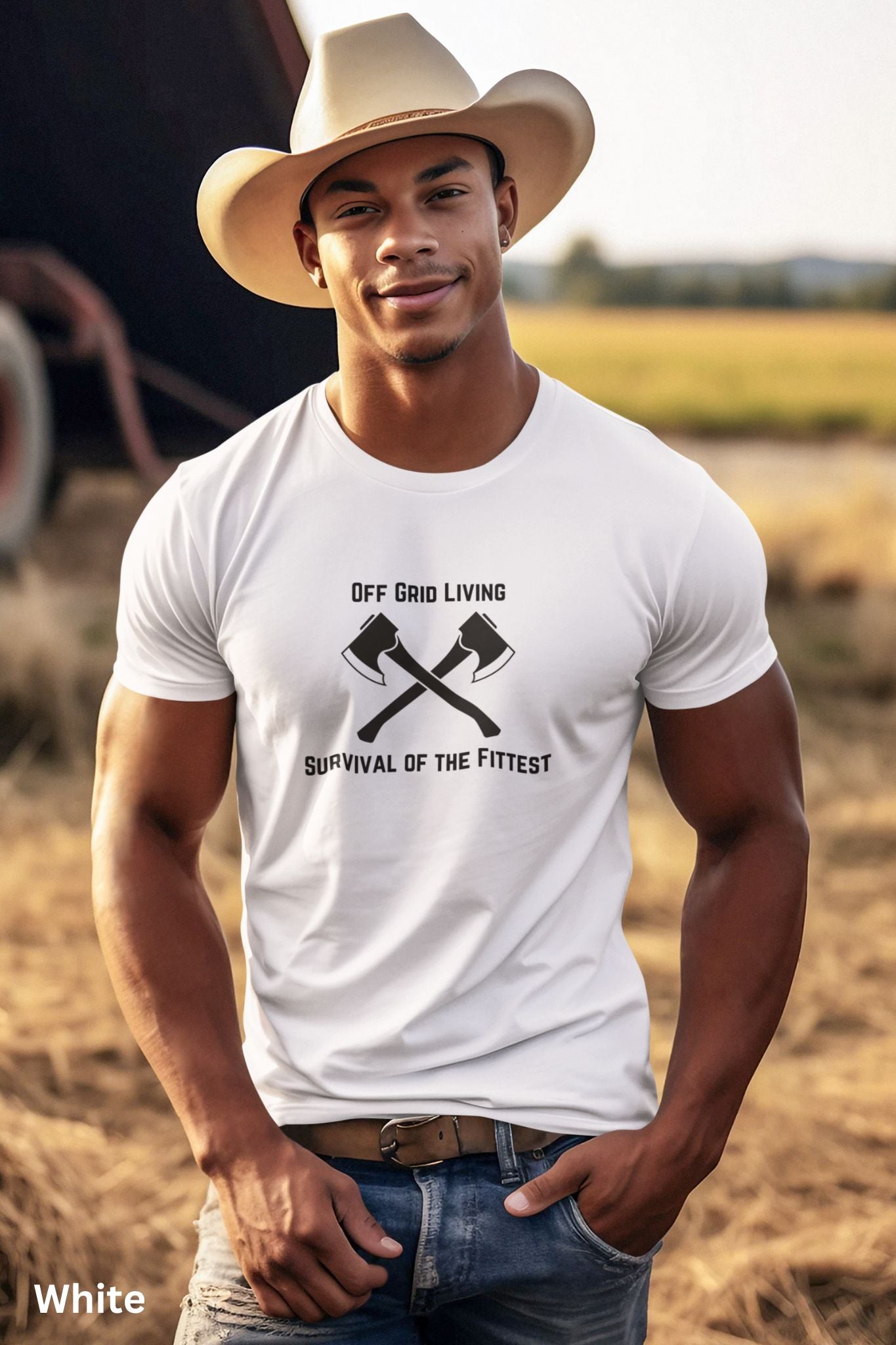 Off Grid Living t-shirt in white with 'Survival of the Fittest' text and crossed axes design, survivalist and bushcraft graphic tee
