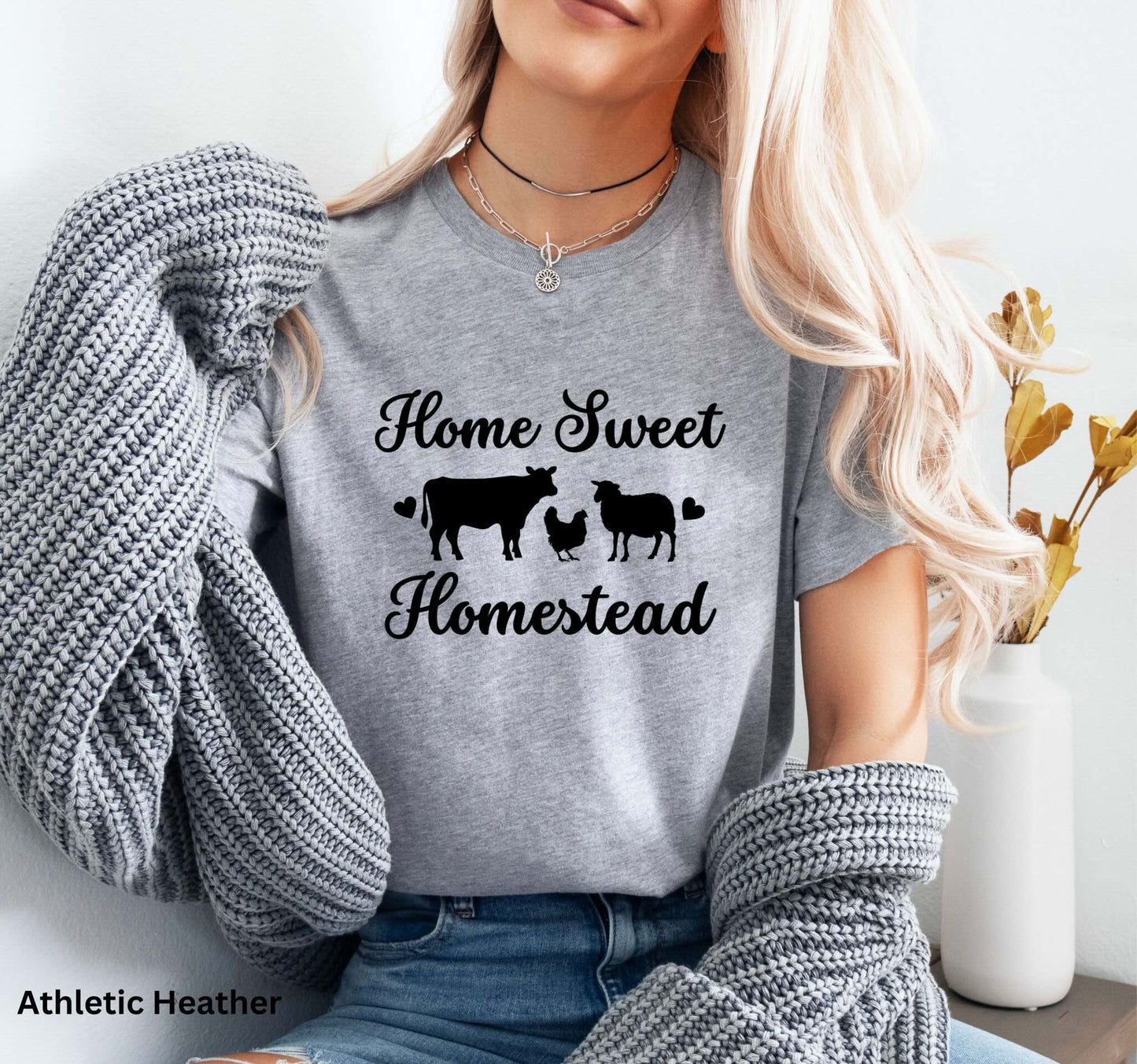 Home Sweet Homestead light grey t-shirt with cow, sheep, and chicken design, perfect for homesteaders, farmers, and country living enthusiasts.