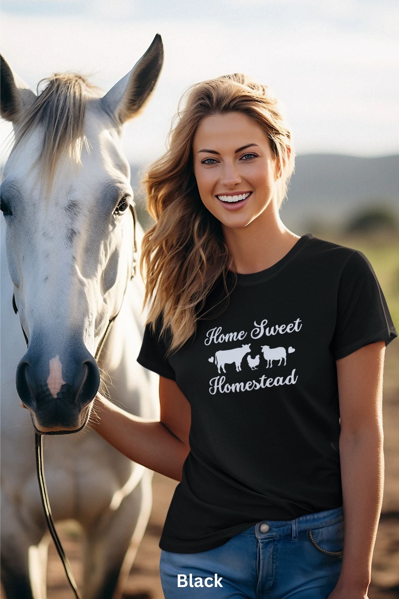 Home Sweet Homestead black t-shirt with cow, sheep, and chicken design, perfect for homesteaders, farmers, and country living enthusiasts.