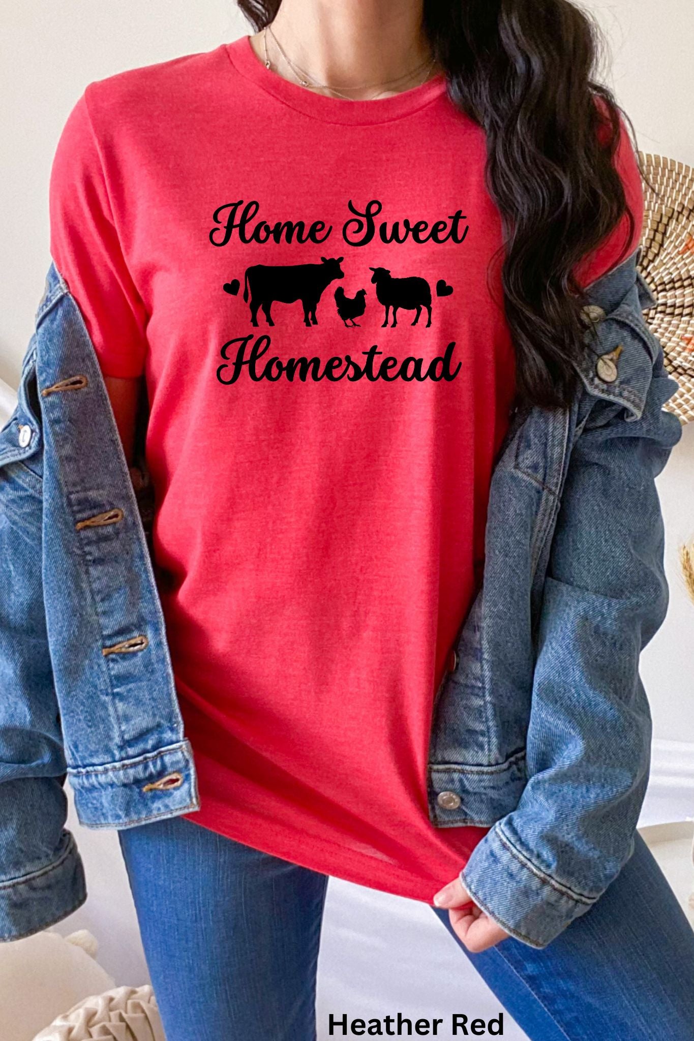 Home Sweet Homestead red t-shirt with cow, sheep, and chicken design, perfect for homesteaders, farmers, and country living enthusiasts.