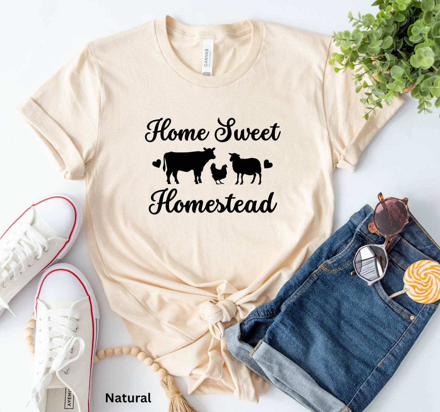 Home Sweet Homestead natural colored t-shirt with cow, sheep, and chicken design, perfect for homesteaders, farmers, and country living enthusiasts.