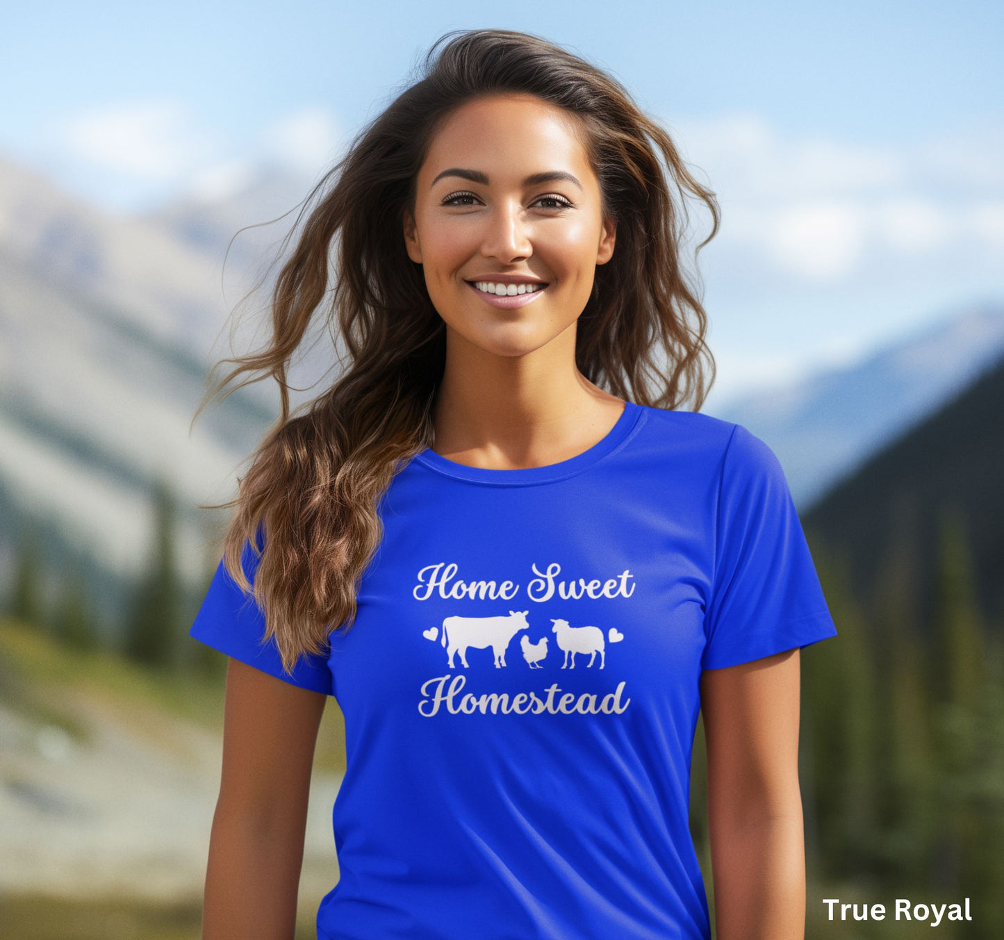 Home Sweet Homestead royal blue t-shirt with cow, sheep, and chicken design, perfect for homesteaders, farmers, and country living enthusiasts.