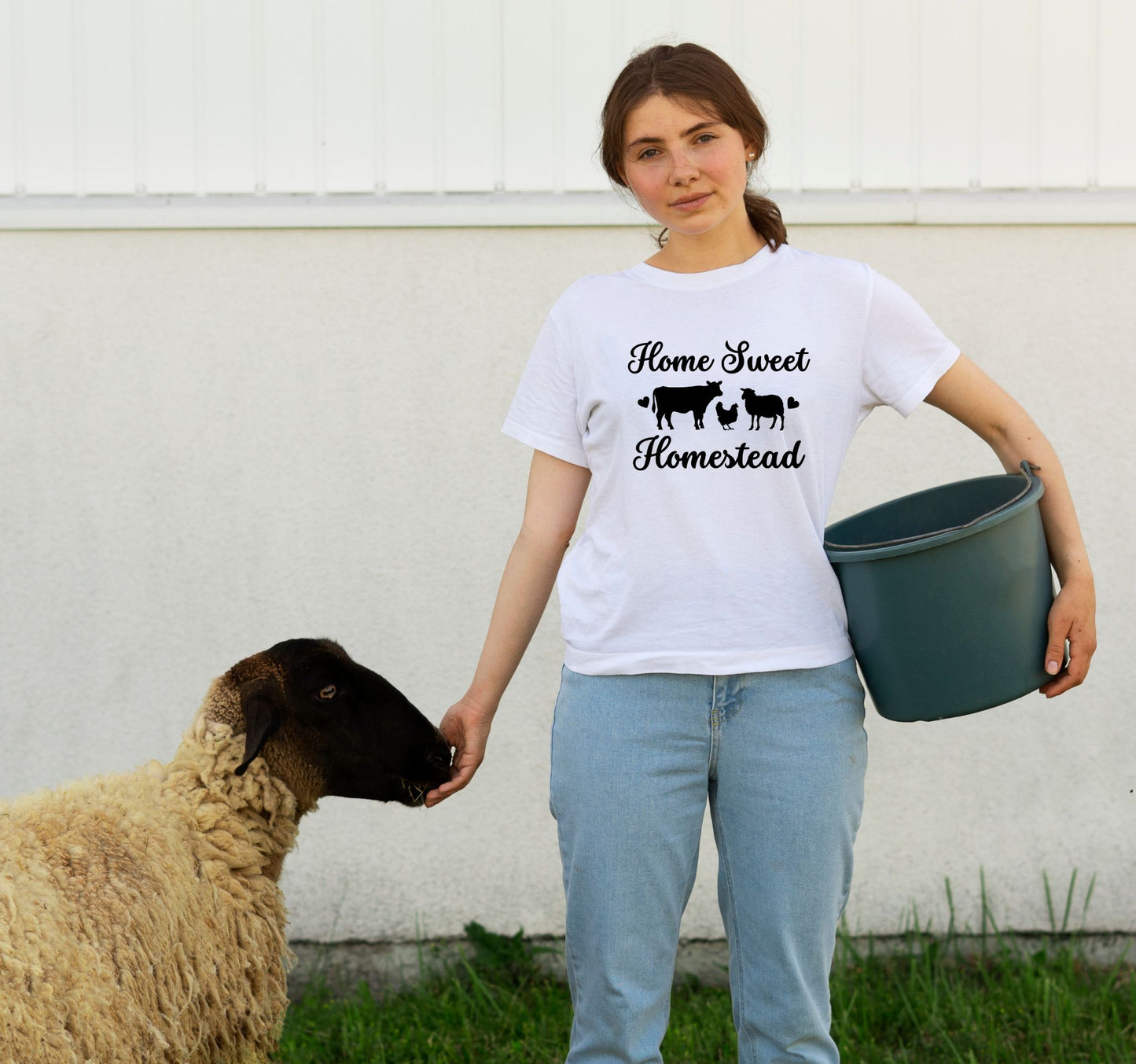 Home Sweet Homestead white t-shirt with cow, sheep, and chicken design, perfect for homesteaders, farmers, and country living enthusiasts.