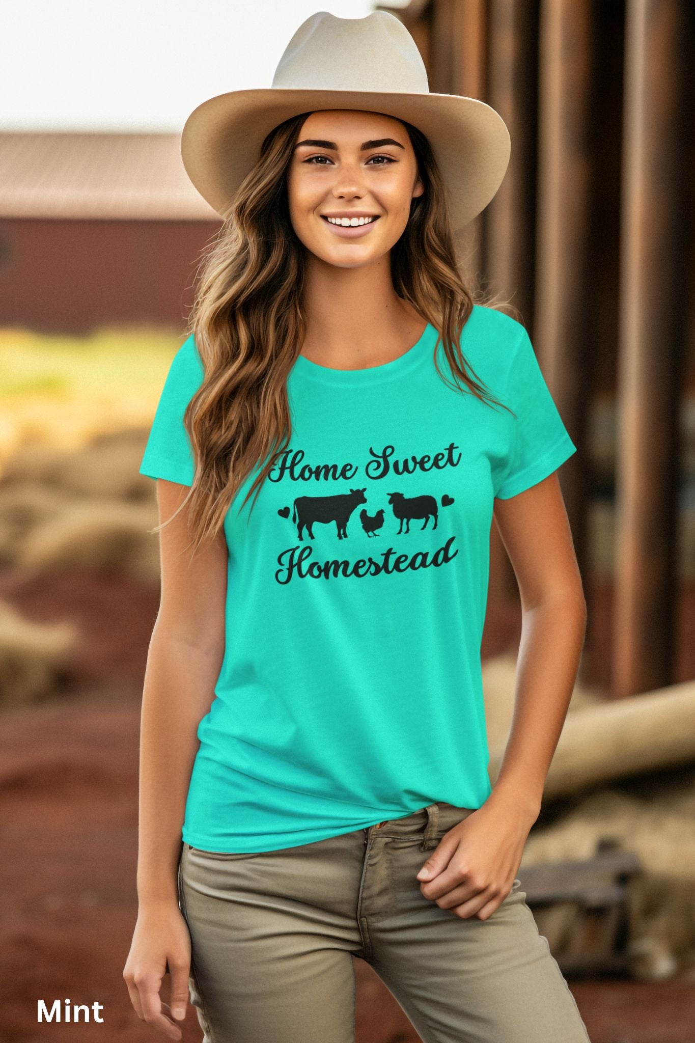 Home Sweet Homestead mint colored t-shirt with cow, sheep, and chicken design, perfect for homesteaders, farmers, and country living enthusiasts.