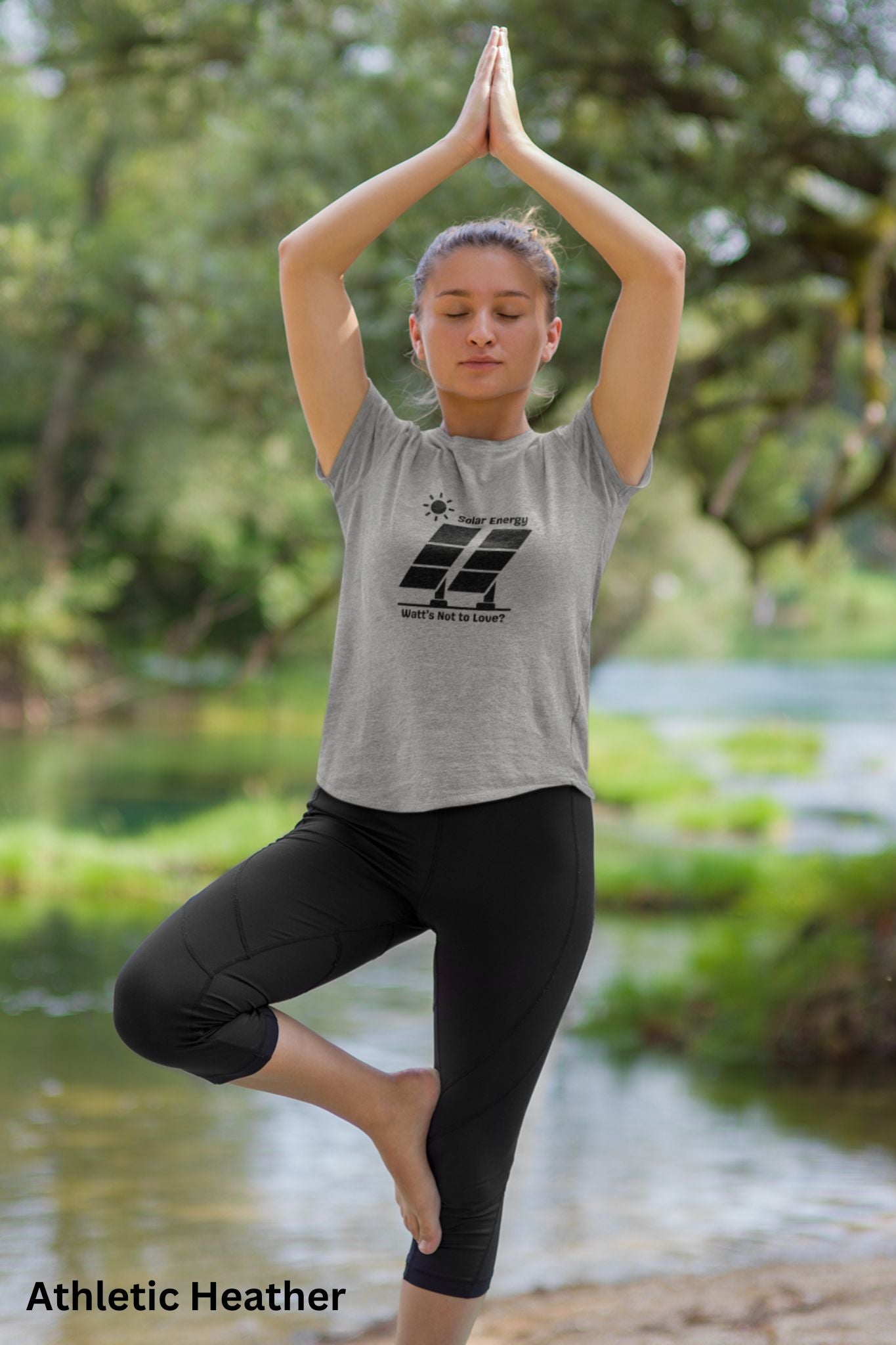 Light Grey Solar Energy t-shirt with design of bright sun and solar panels, featuring the phrase 'Solar Energy. Watts Not to Love?' A fun play on words, perfect for renewable energy enthusiasts and off-grid living.