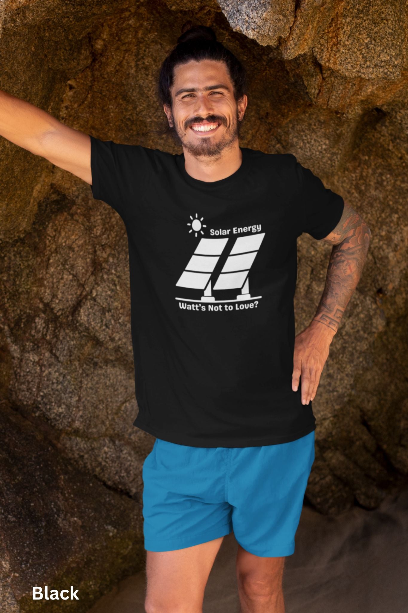 Black Solar Energy t-shirt with design of bright sun and solar panels, featuring the phrase 'Solar Energy. Watts Not to Love?' A fun play on words, perfect for renewable energy enthusiasts and off-grid living.