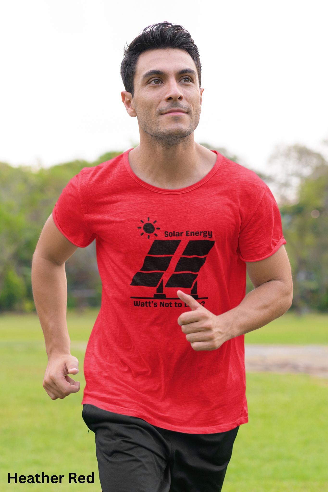 Red Solar Energy t-shirt with design of bright sun and solar panels, featuring the phrase 'Solar Energy. Watts Not to Love?' A fun play on words, perfect for renewable energy enthusiasts and off-grid living.