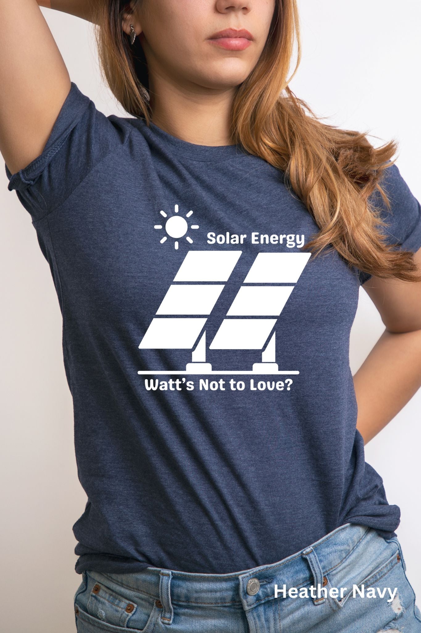 Navy Solar Energy t-shirt with design of bright sun and solar panels, featuring the phrase 'Solar Energy. Watts Not to Love?' A fun play on words, perfect for renewable energy enthusiasts and off-grid living.